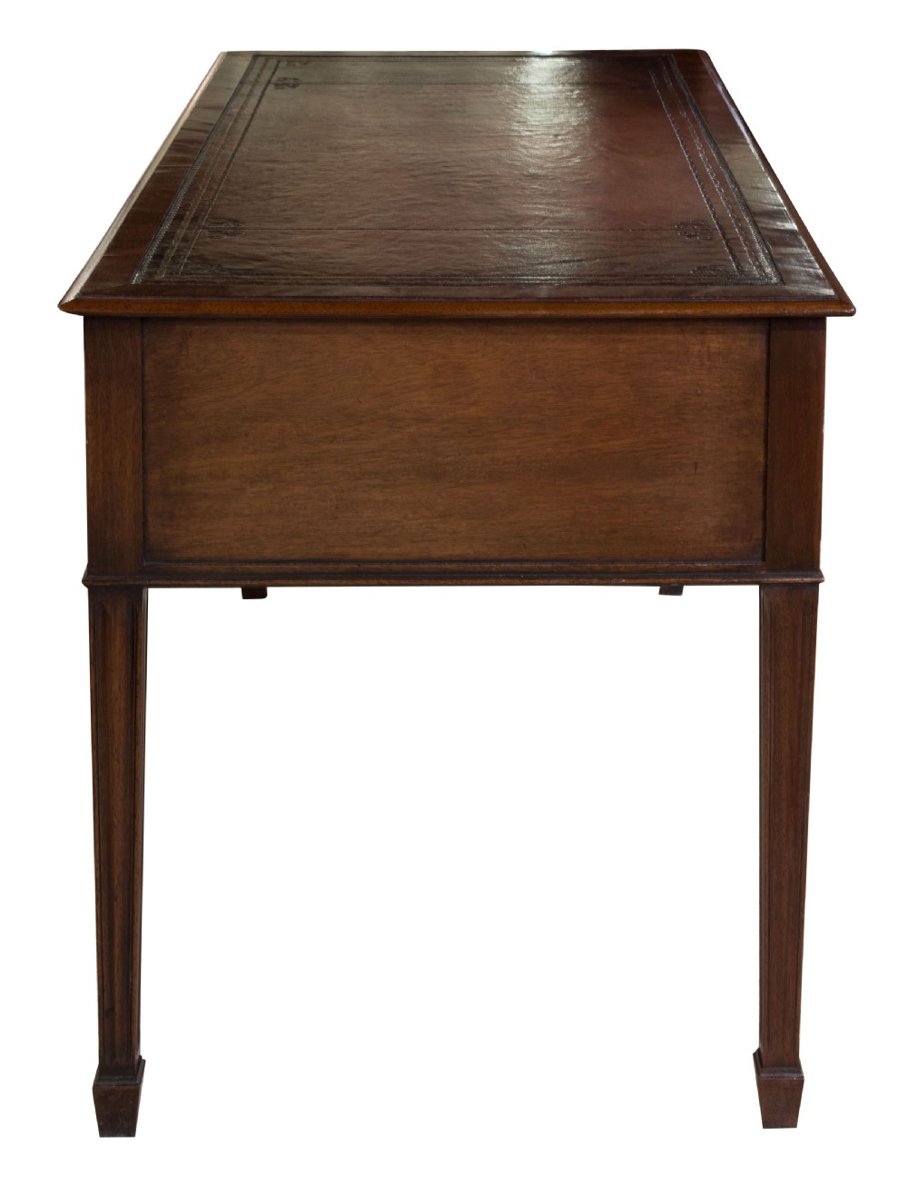 Mahogany five drawer writing table with antique wine leather top c1900 View II