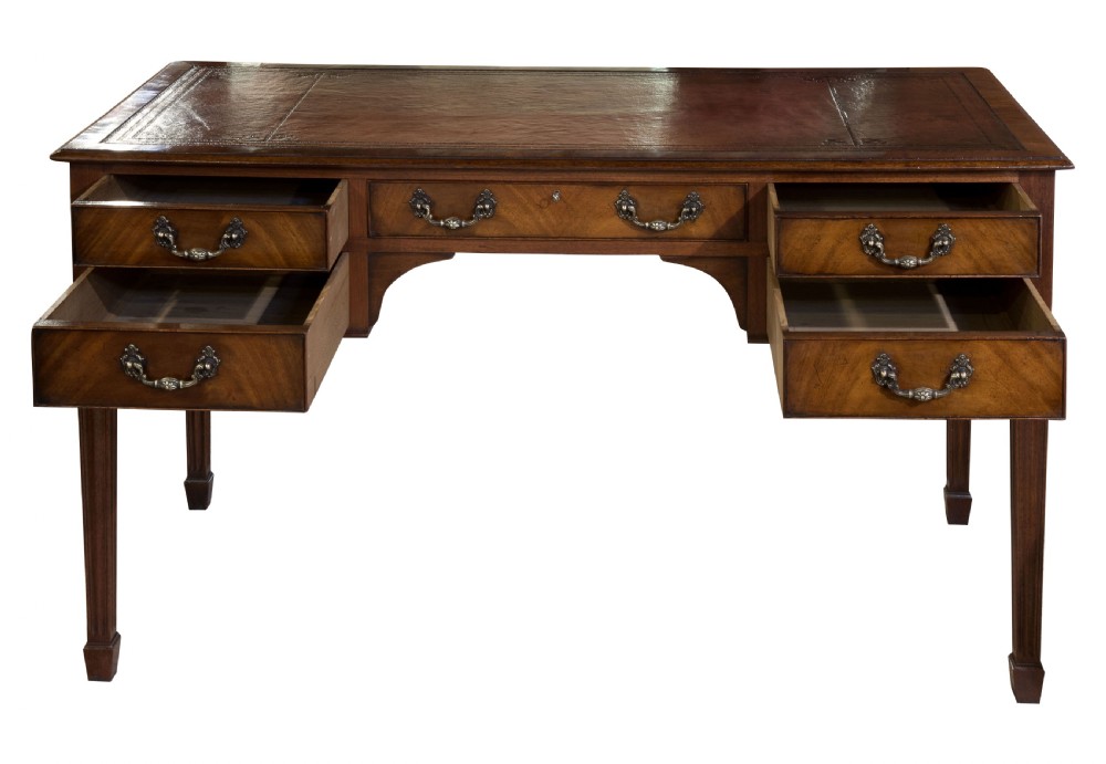 Mahogany five drawer writing table with antique wine leather top c1900 View III