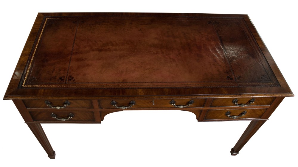 Mahogany five drawer writing table with antique wine leather top c1900 View IV