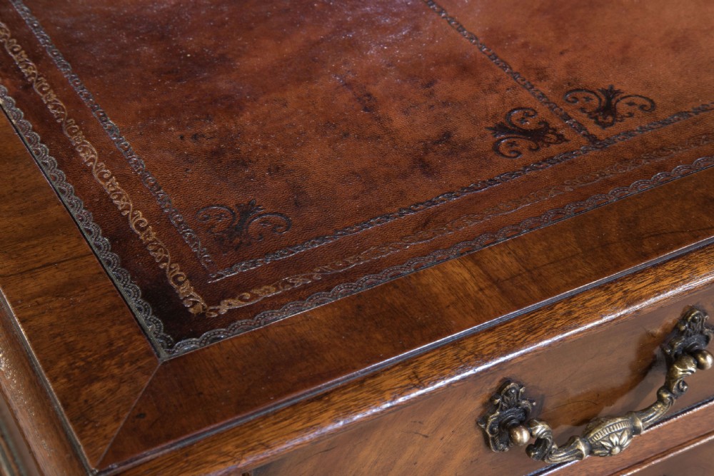 Mahogany five drawer writing table with antique wine leather top c1900 View VI