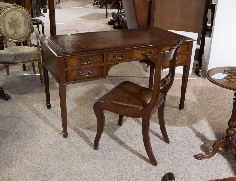 Mahogany five drawer writing table with antique wine leather top c1900 View VIII