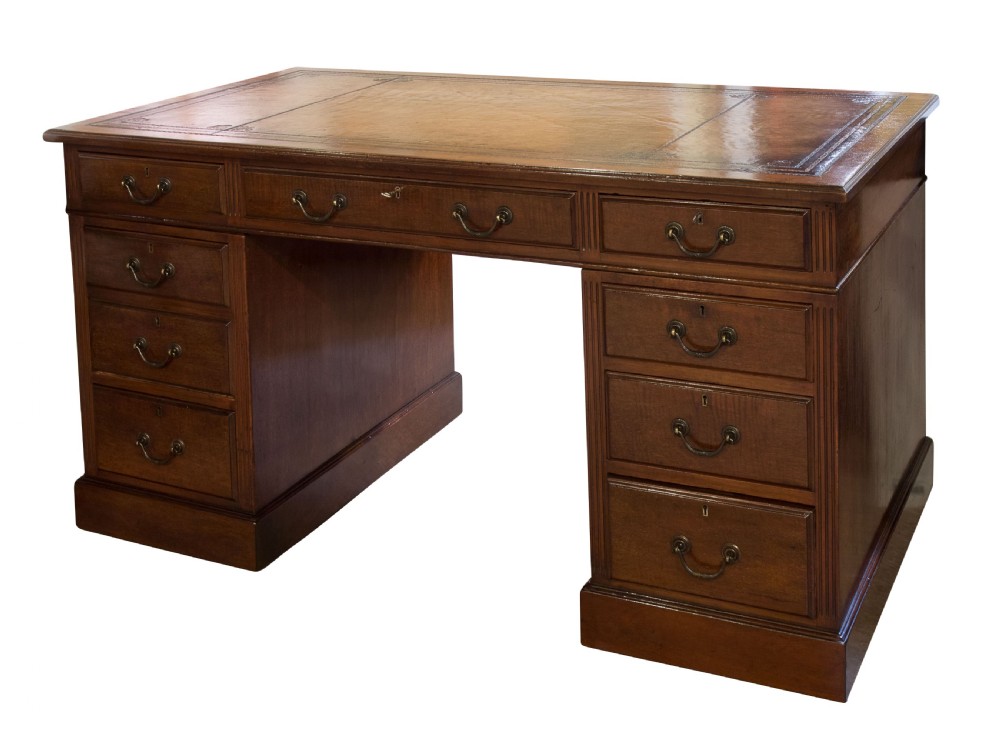 Mahogany pedestal desk with antique tan leather top c1900