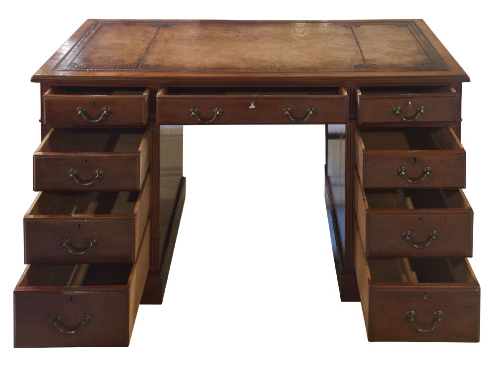 Mahogany pedestal desk with antique tan leather top c1900 View II