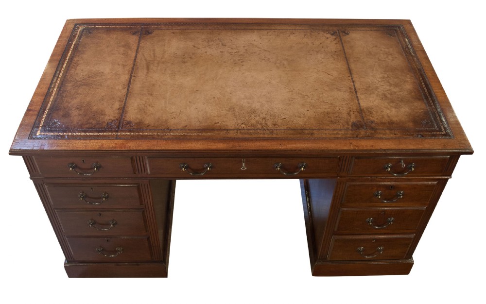 Mahogany pedestal desk with antique tan leather top c1900 View IV