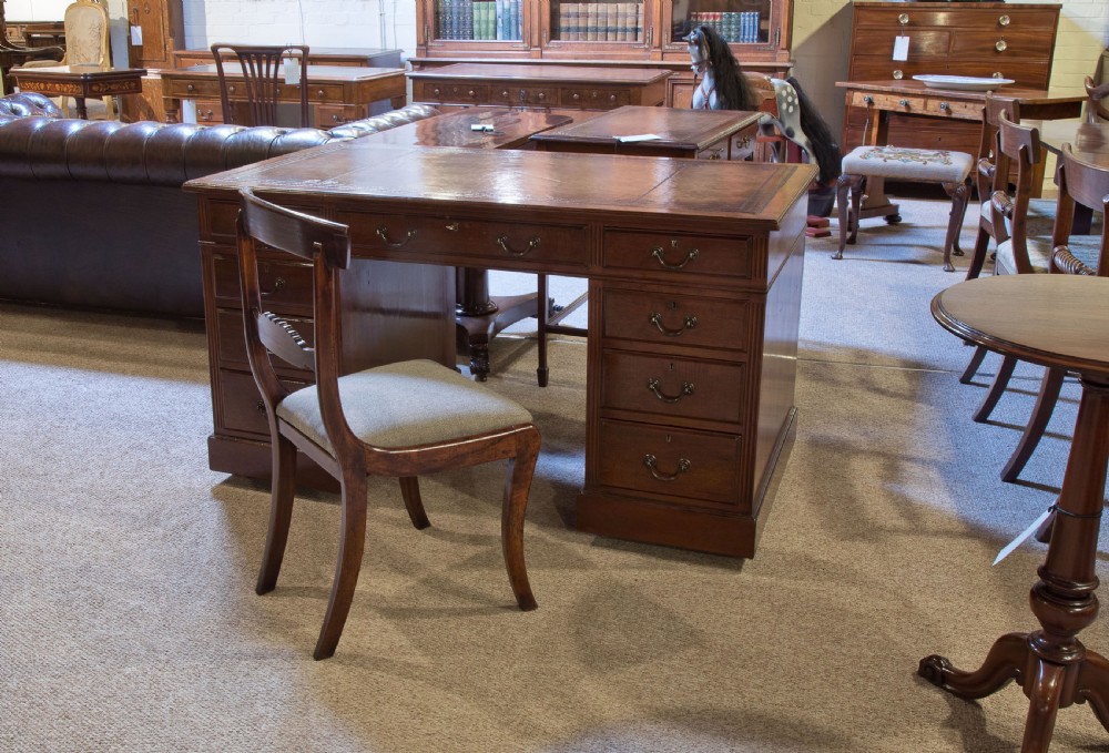 Mahogany pedestal desk with antique tan leather top c1900 View VII