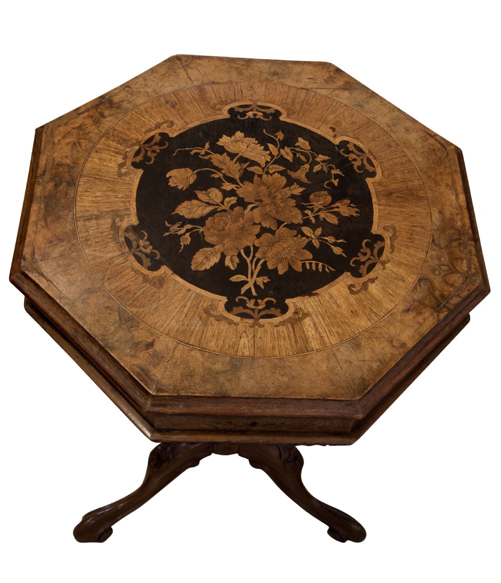 Victorian walnut & floral marquetry work table c1870 View II