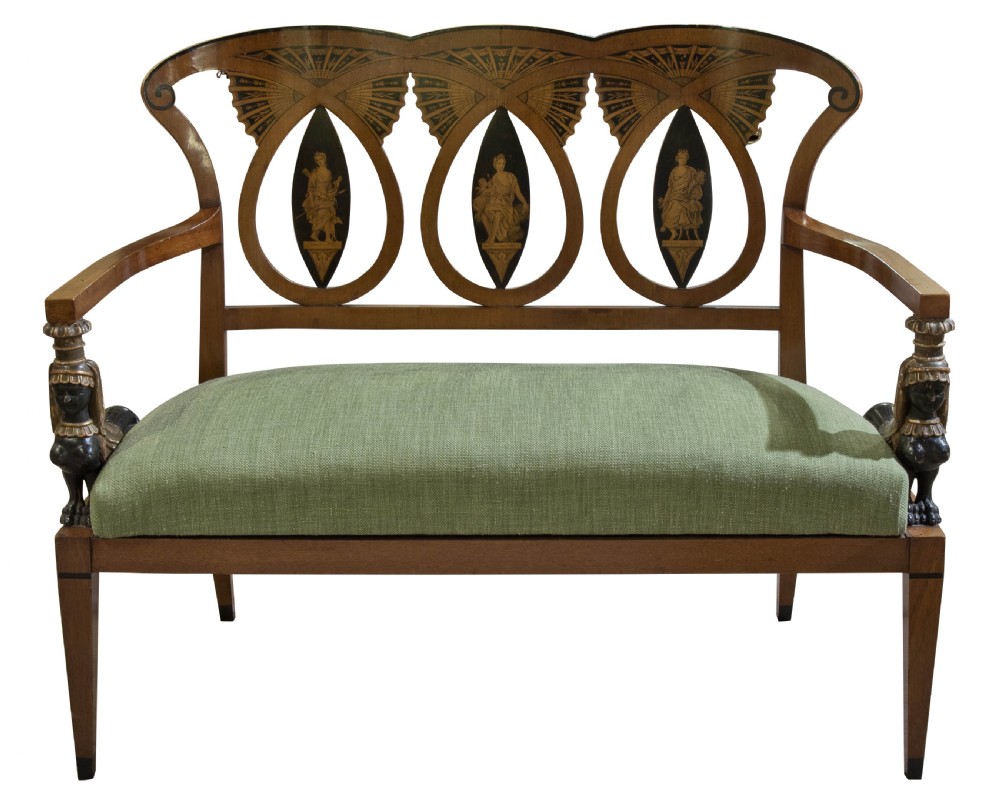 Italian 19thC sofa with sphinx supports to the arms View II