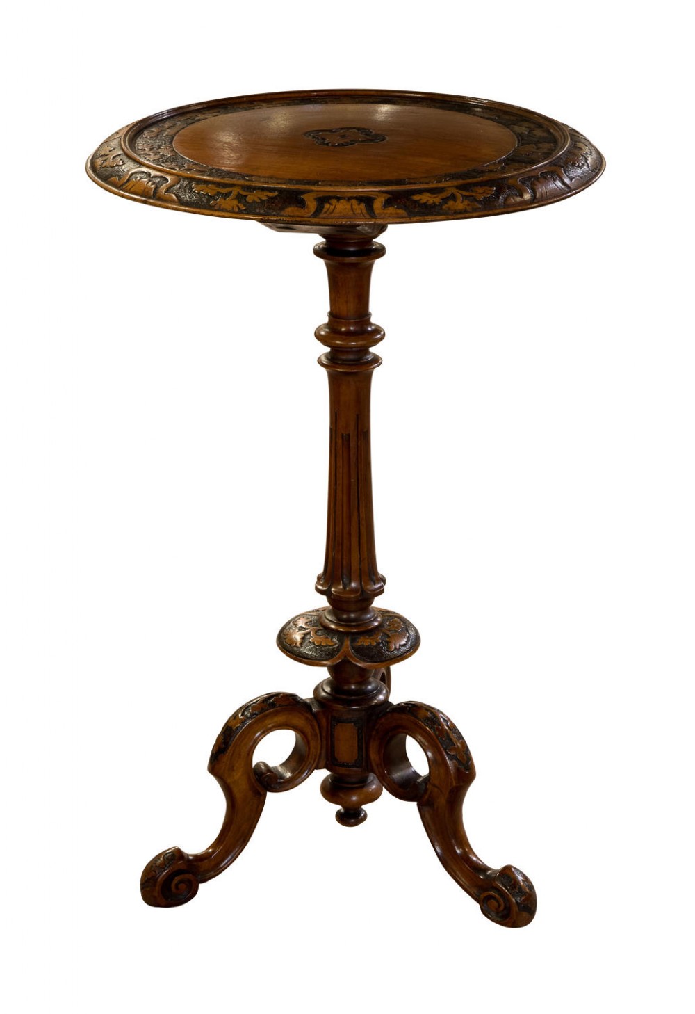 Victorian walnut pokerwork and carved occasional table