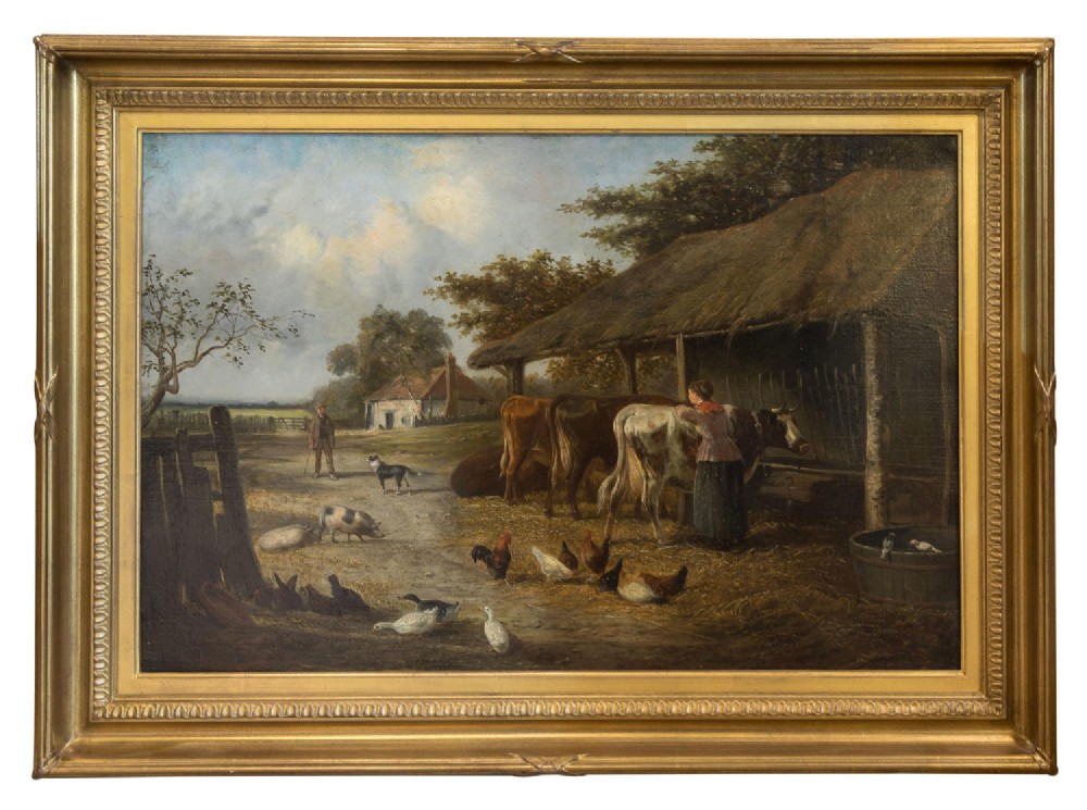 Mid 19thC oil on canvas farmyard scene by Samuel Joseph Clark