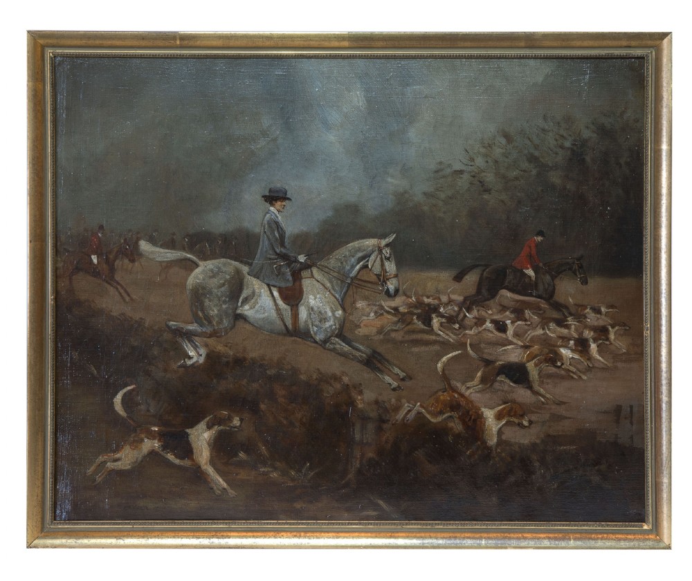 Country woman hunt scene oil on canvas View II