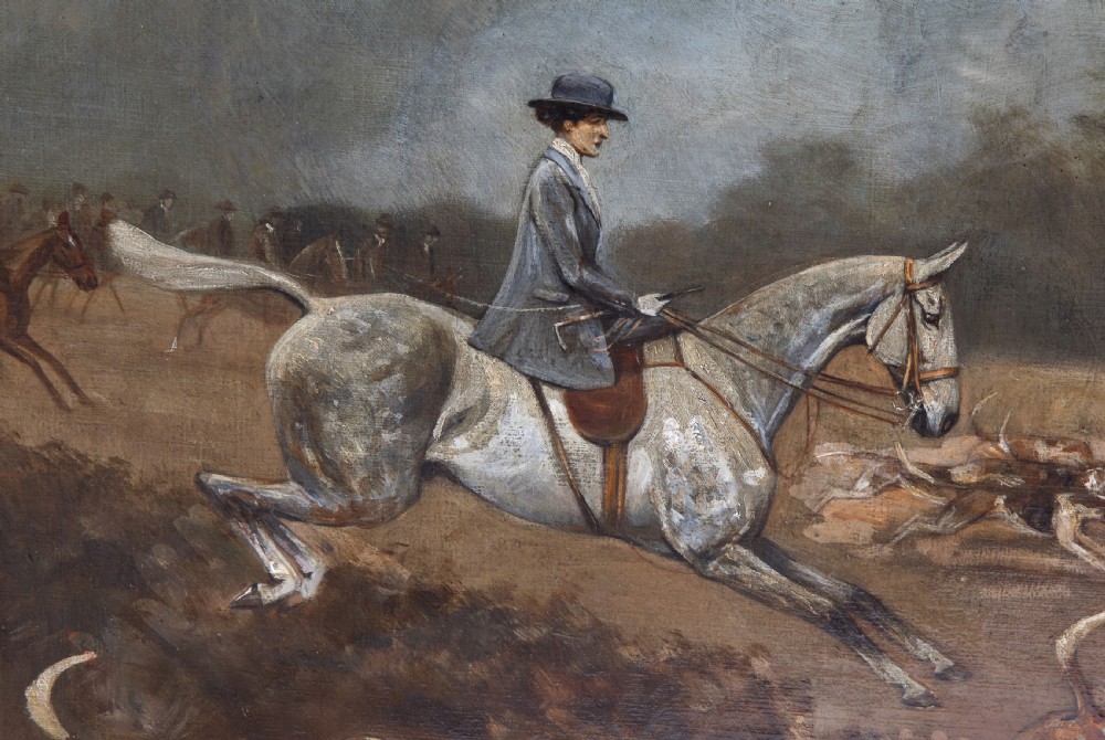 Country woman hunt scene oil on canvas View V
