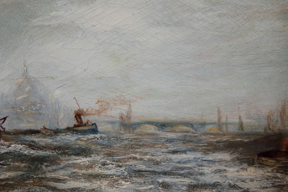 Pair of impressionist oil paintings on board of the London river c1900 View XIII