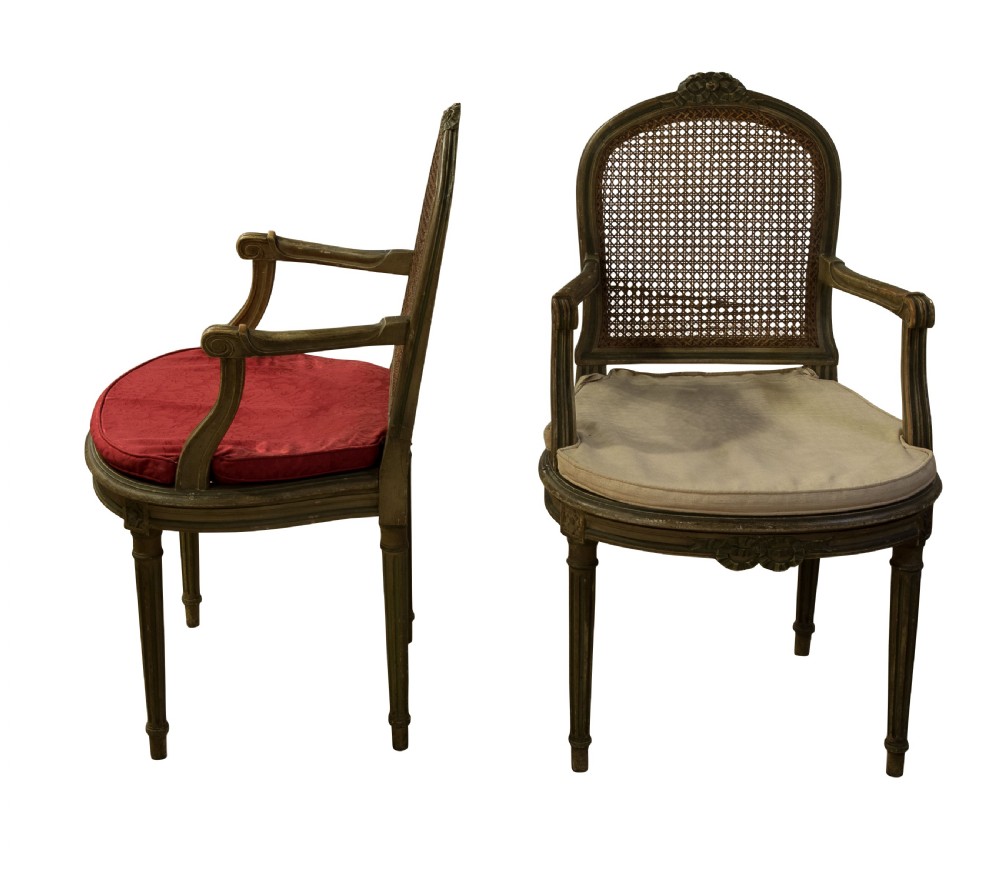 Set of 8 painted Louis XVI style elbow chairs c1900 View II