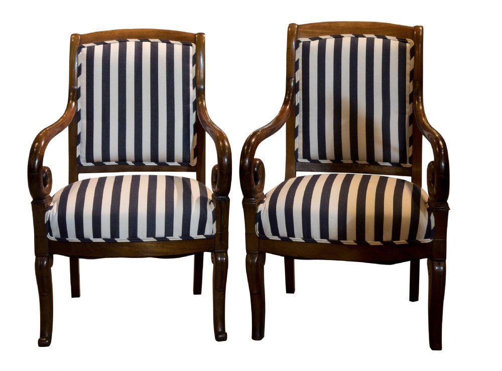 Pair of 19thC mahogany French Louis Phillippe his & hers armchairs