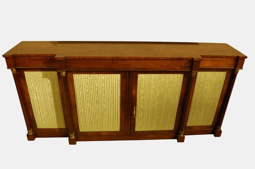 English Regency breakfront side cabinet with brass line inlays