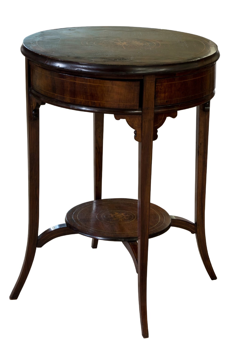 Circular inlaid drum table with rotating top to reveal four drawers