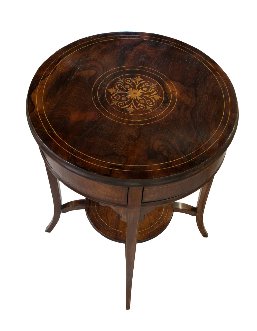 Circular inlaid drum table with rotating top to reveal four drawers View III