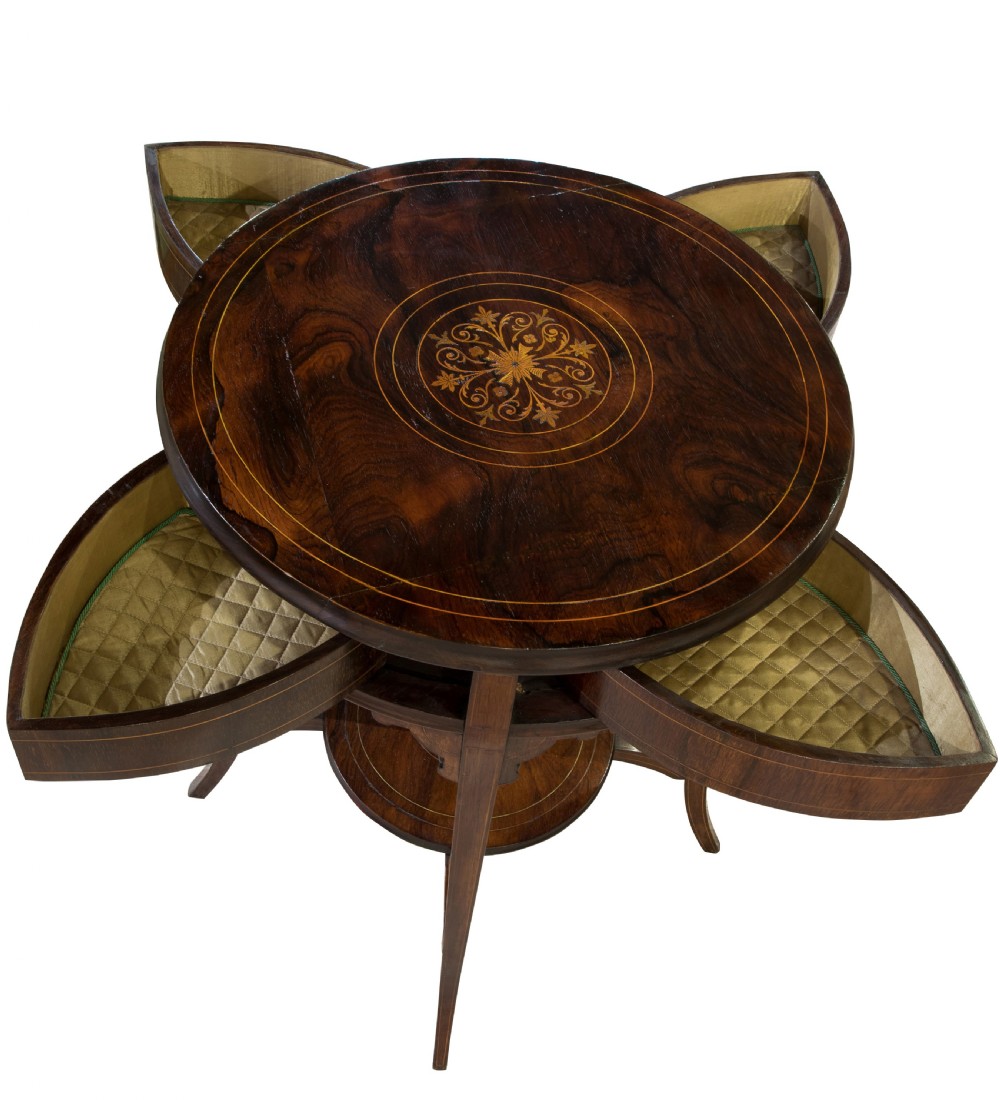 Circular inlaid drum table with rotating top to reveal four drawers View IV