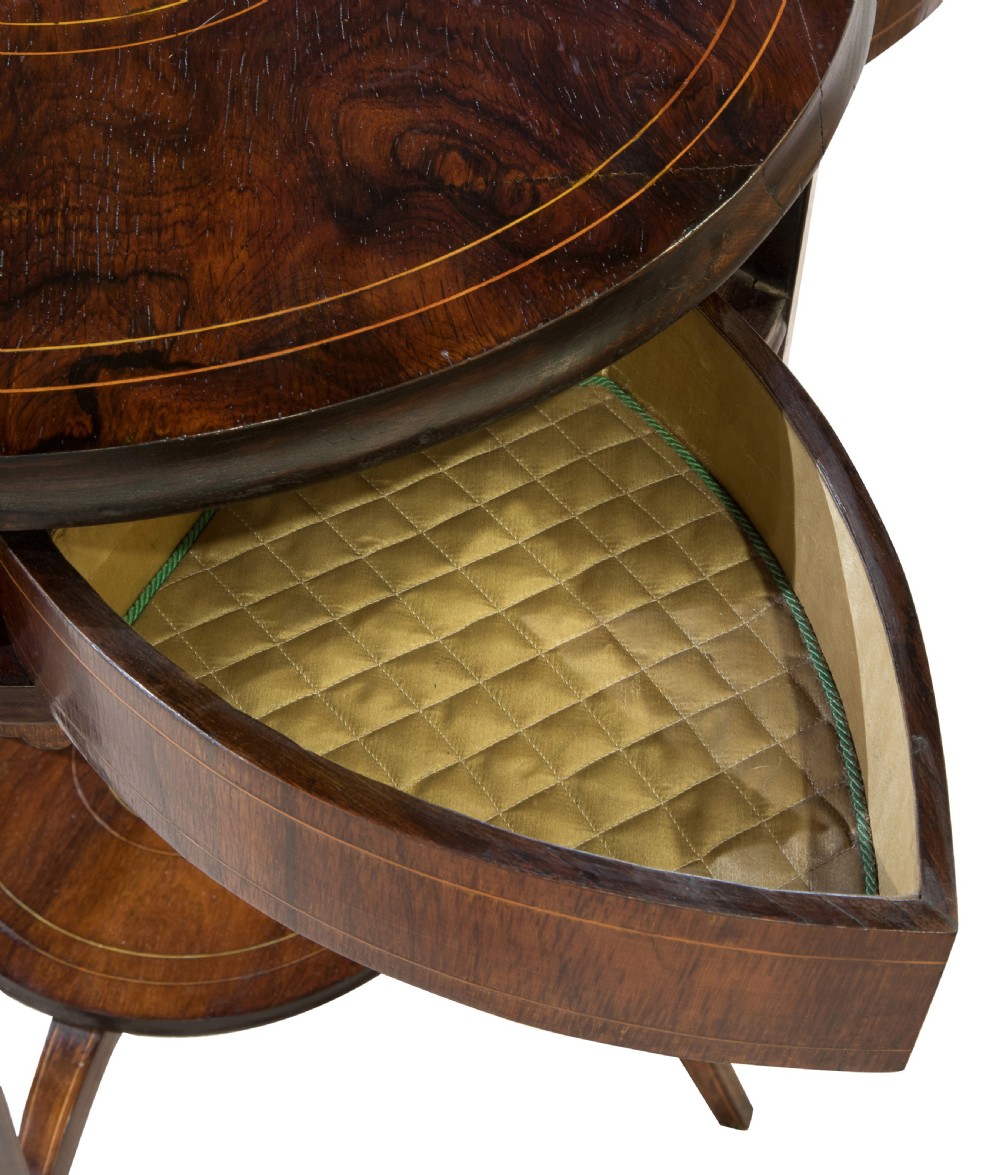 Circular inlaid drum table with rotating top to reveal four drawers View VI