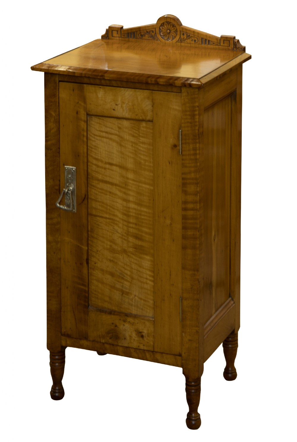 Late 19thC maplewood bedside cupboard with plated handle