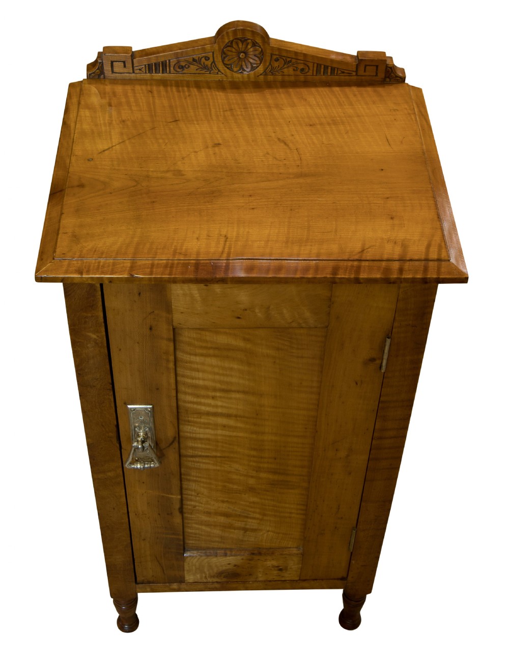Late 19thC maplewood bedside cupboard with plated handle View IV