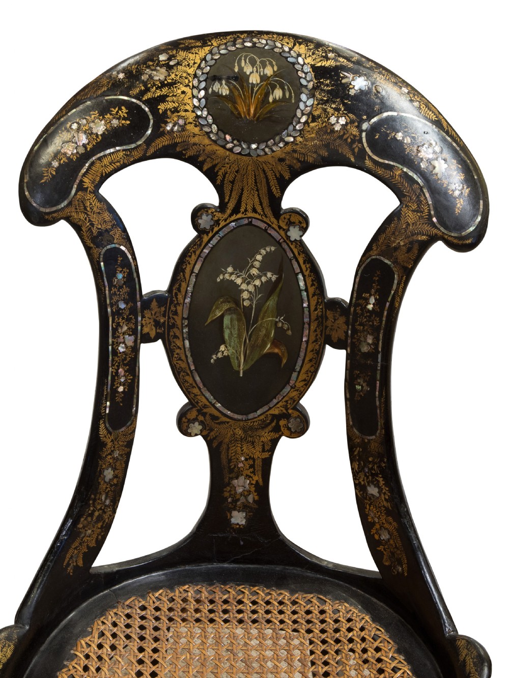 Decorative papier mache Victorian spoon back nursing chair c1860 View IV