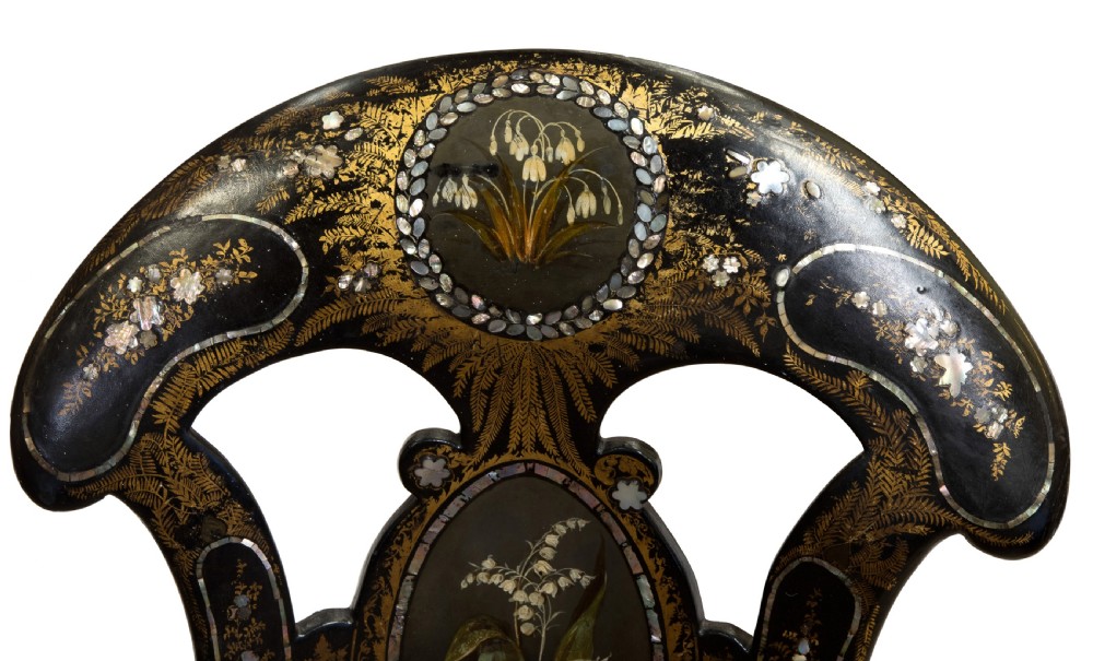 Decorative papier mache Victorian spoon back nursing chair c1860 View V