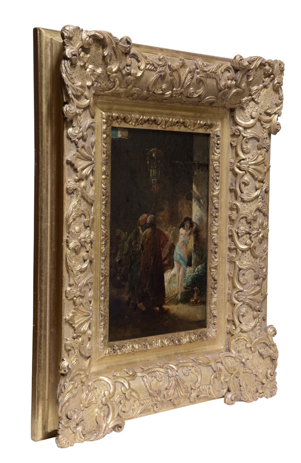 Market scene oil on board signed lower right and dated 1880