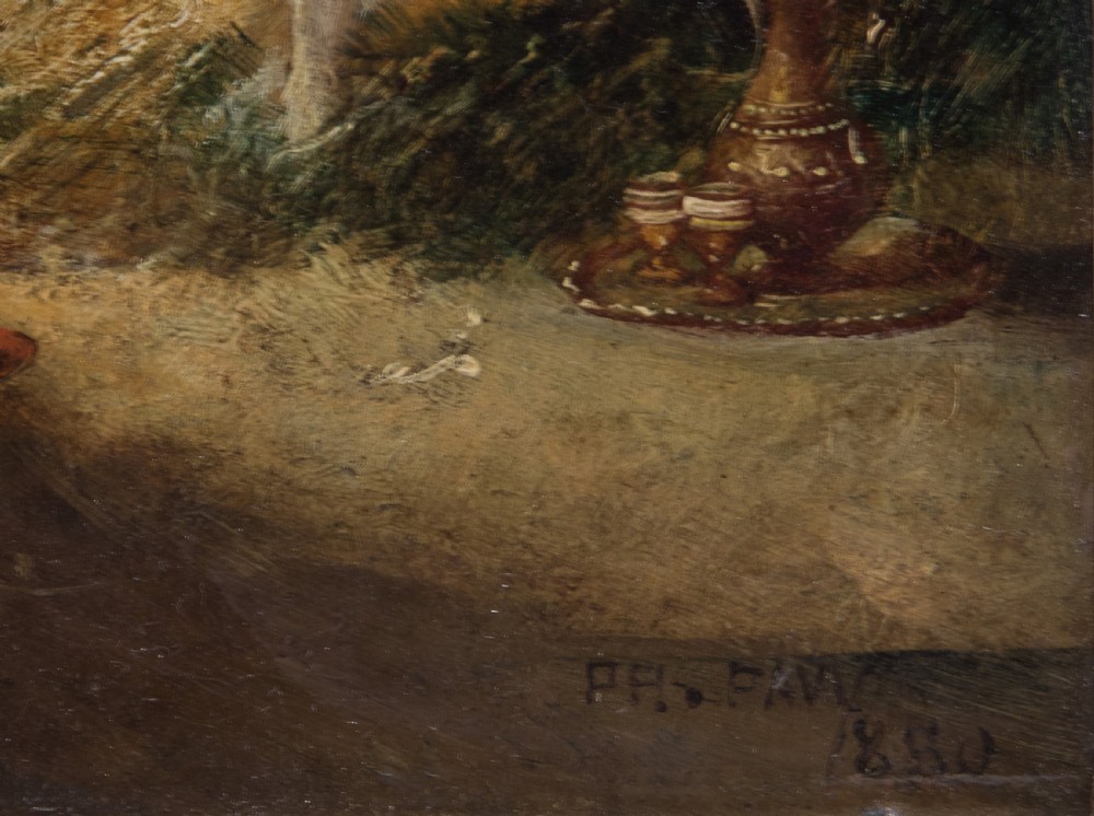 Market scene oil on board signed lower right and dated 1880 View VI