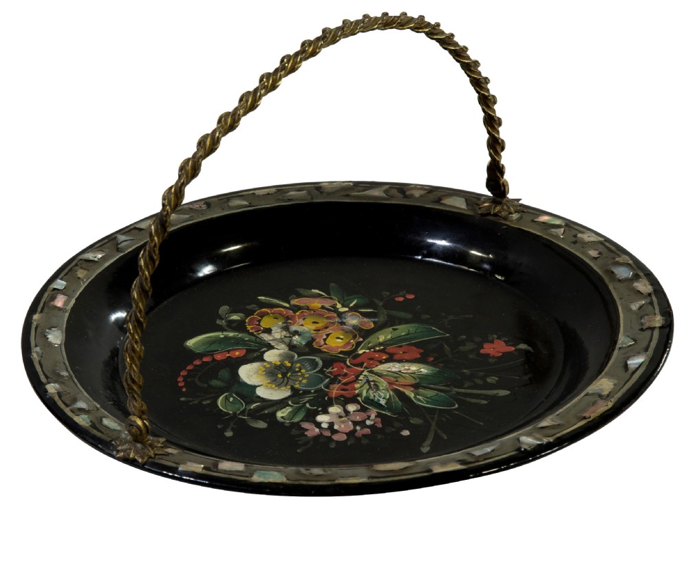 19thC papier mache lacquered basket with an ormolu handle
