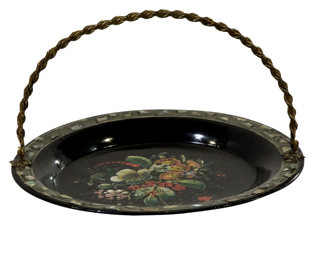 19thC papier mache lacquered basket with an ormolu handle View II