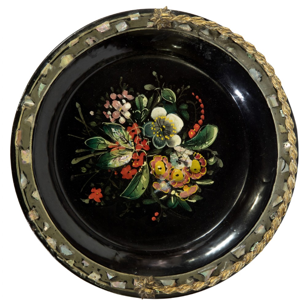 19thC papier mache lacquered basket with an ormolu handle View III