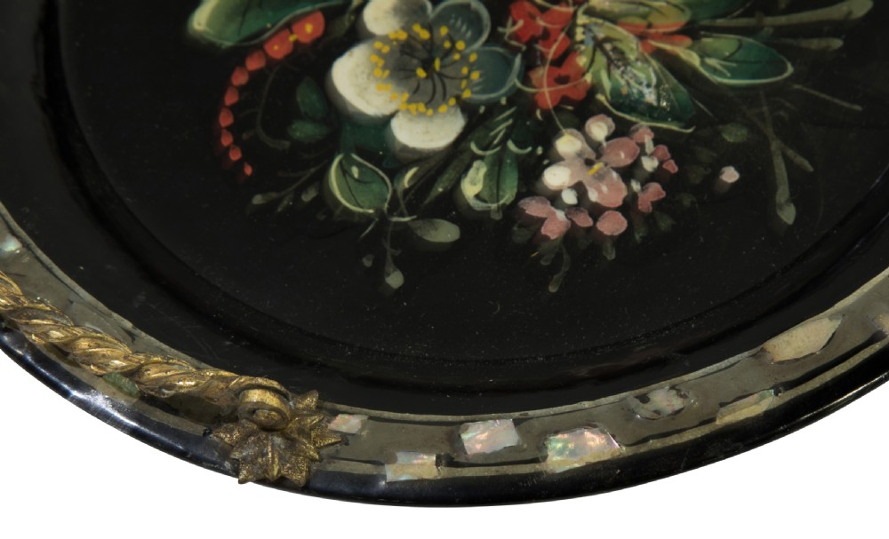19thC papier mache lacquered basket with an ormolu handle View V