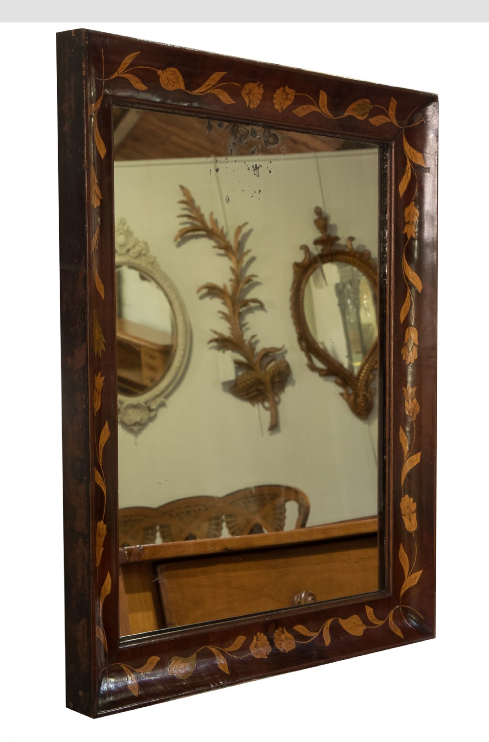 19thC Dutch walnut and floral marquetry frame rectangular wall mirror