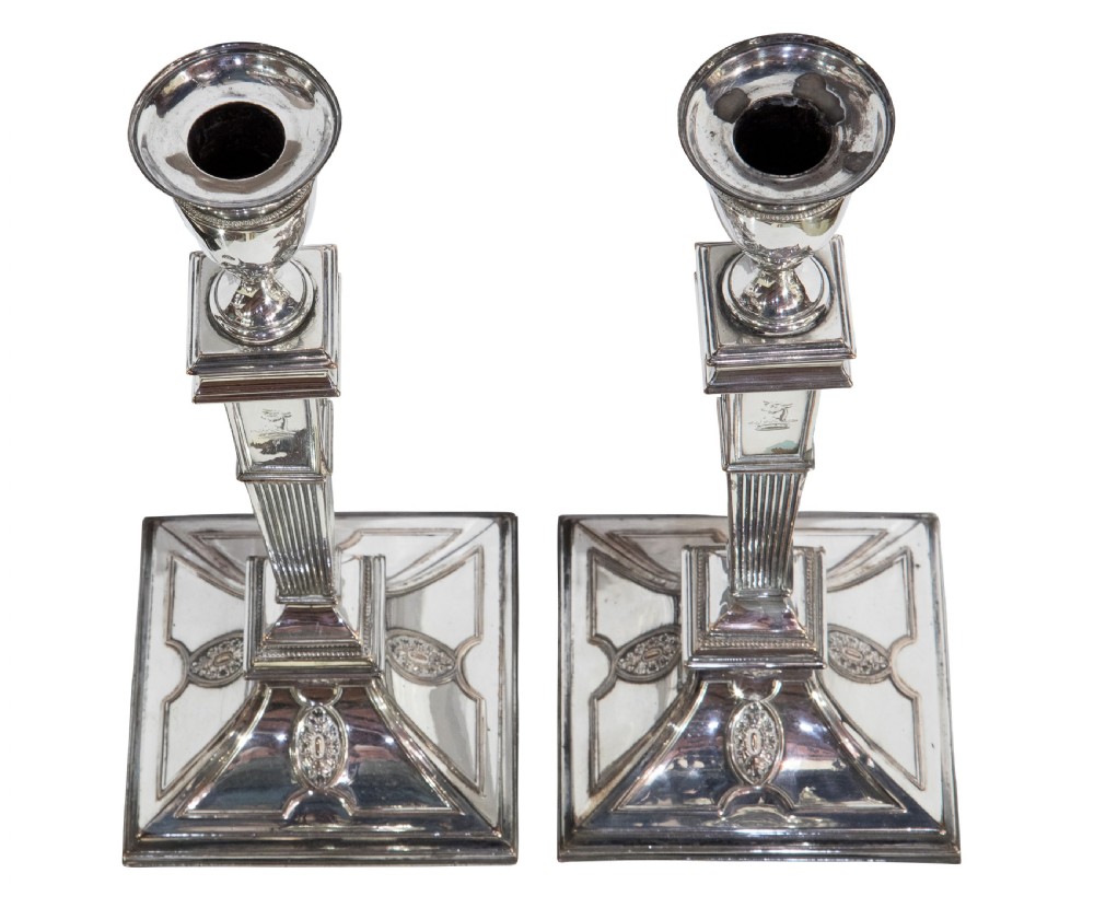 Pair of Old Sheffield plate candlesticks with vase shaped sconces View II