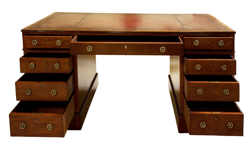 Mahogany pedestal desk with brass ring drop handles c1900 View II