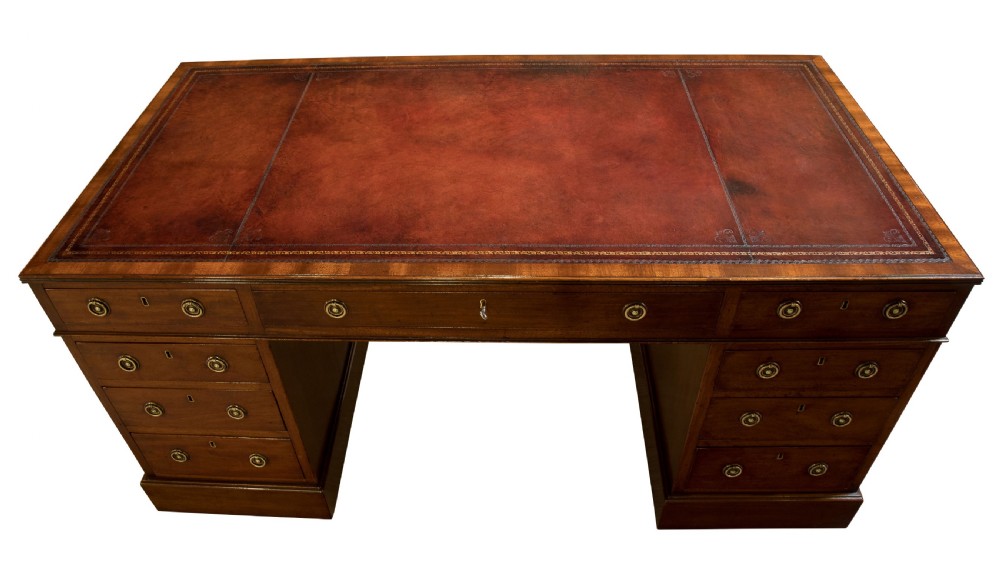 Mahogany pedestal desk with brass ring drop handles c1900 View III