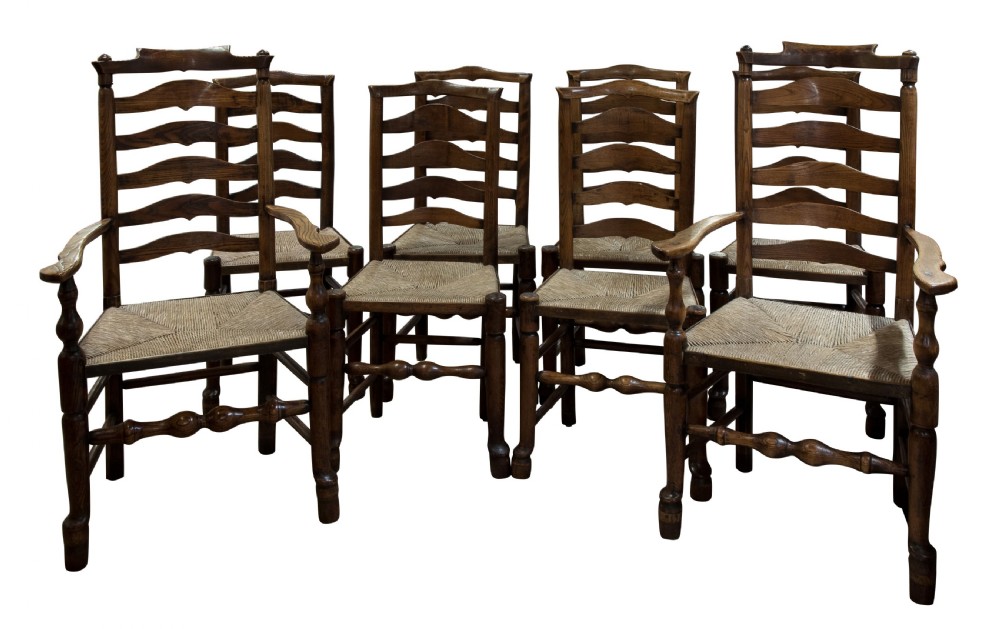 Fine set of 6+2 ash ladder back chairs of lovely colour & patina c1820