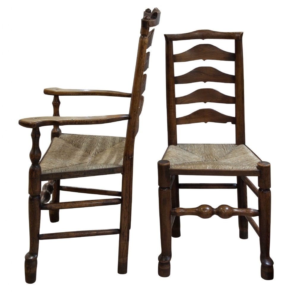 Fine set of 6+2 ash ladder back chairs of lovely colour & patina c1820 View II