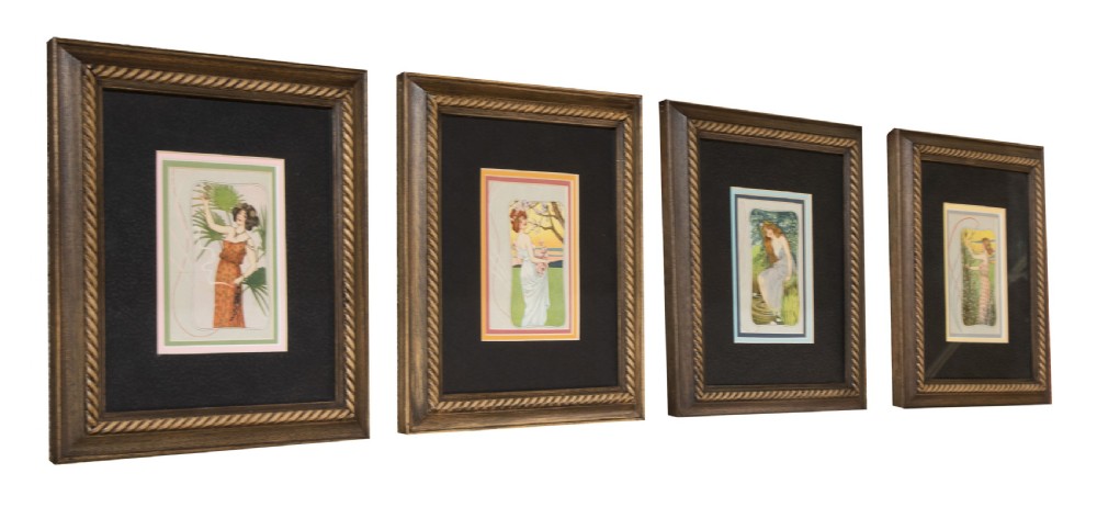 Set of four well framed pictures (French postcards)