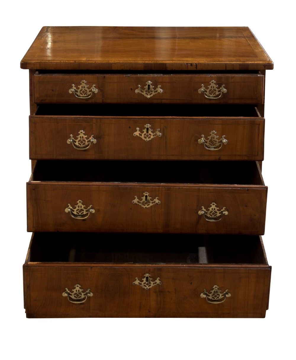 Small mid 18thC walnut cross banded chest with four long View III