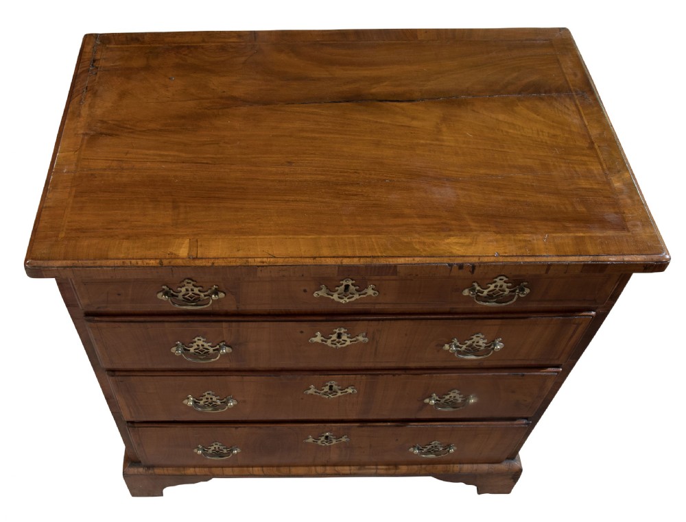 Small mid 18thC walnut cross banded chest with four long View IV
