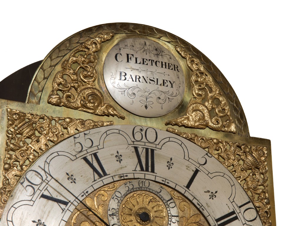 8 day brass faced oak cased longcase clock with arched dial c1780 View VII