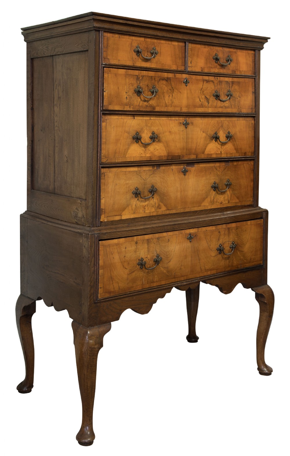 18thC walnut & oak chest on stand supported on cabriole legs