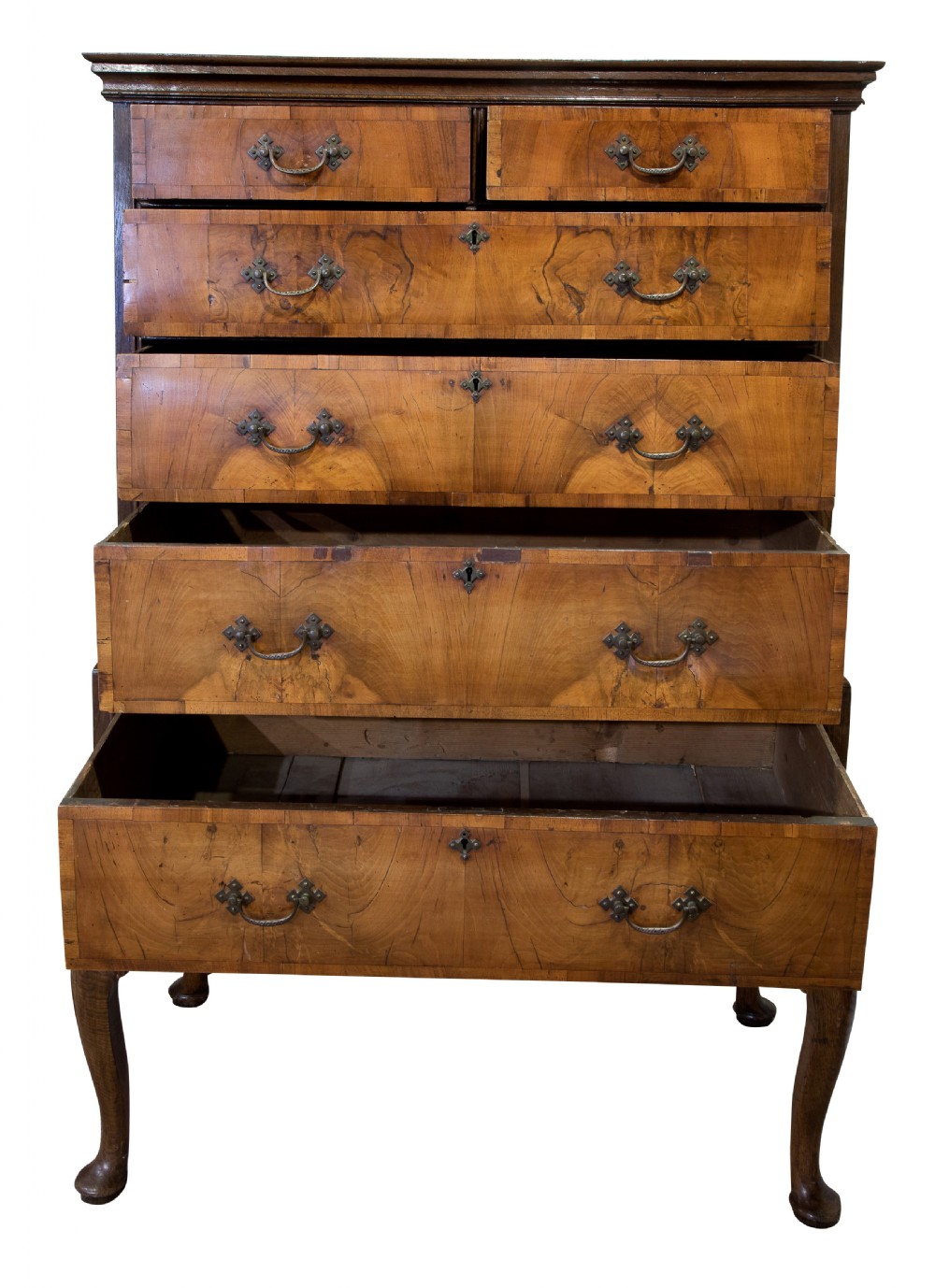 18thC walnut & oak chest on stand supported on cabriole legs View III