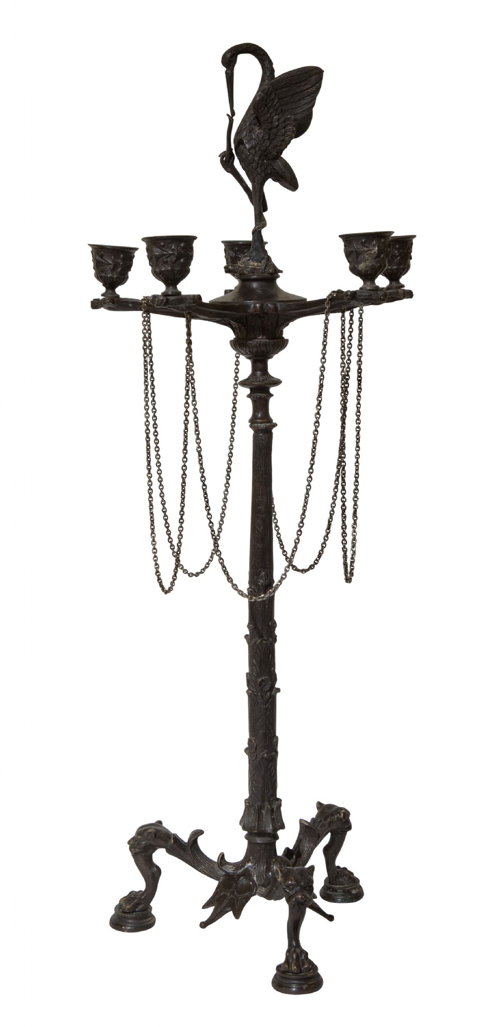 19thC bronze six light candelabra surmounted by a stork with a snake