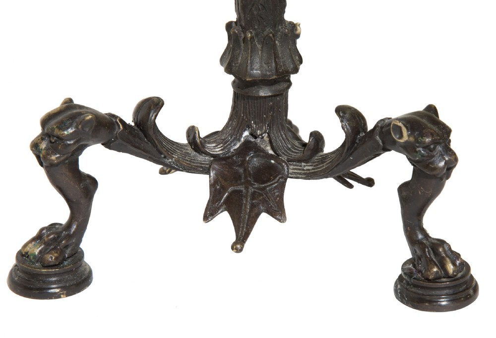 19thC bronze six light candelabra surmounted by a stork with a snake View V