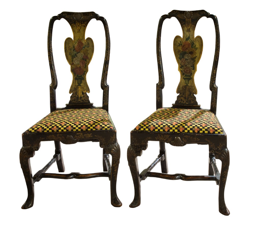 Pair of Queen Anne style japanned side chairs c1880-1900