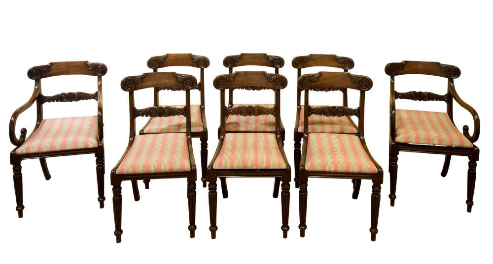 Fine set of 8 regency mahogany dining chairs with carved backs c1820