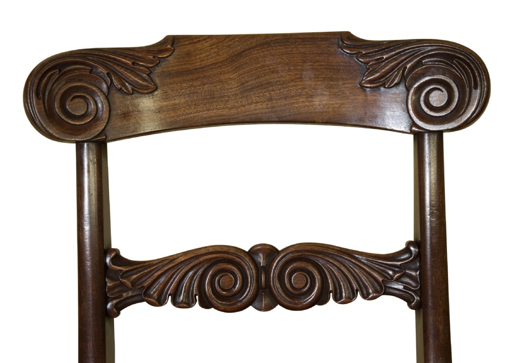 Fine set of 8 regency mahogany dining chairs with carved backs c1820 View X